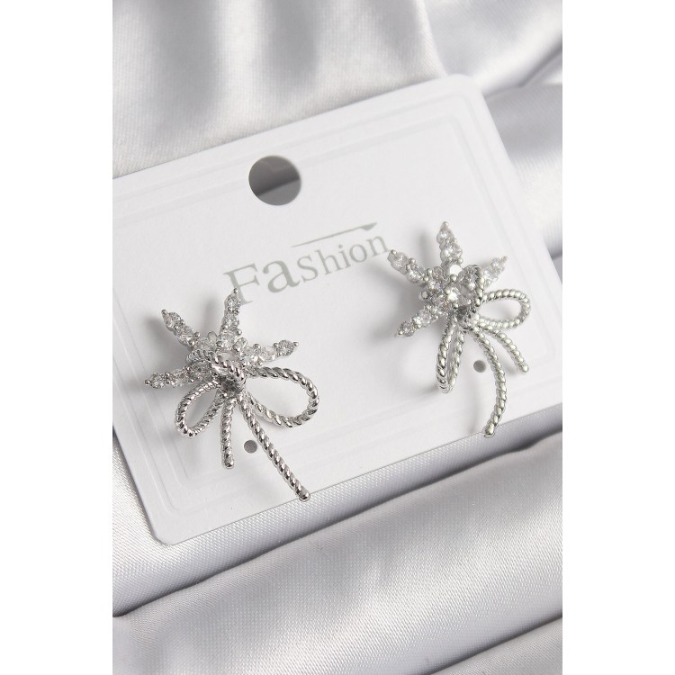 Pirinç Gümüş Renk Zirkon Taşlı Yıldız Düğüm Model Kadın Küpe - TJ-BKP9952