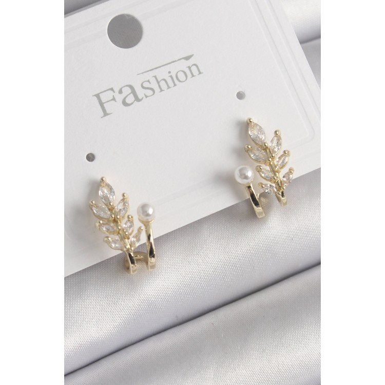 Pirinç Gold Renk Zirkon Taşlı Yaprak Model İnci Detay Küpe - TJ-BKP9959