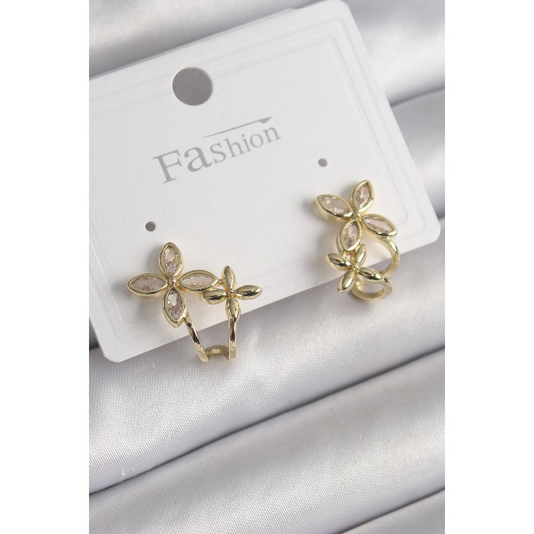 Pirinç Gold Renk Zirkon Taşlı 2'Li Çiçek Model Kadın Küpe - TJ-BKP9961 Pirinç Gold Renk Zirkon Taşlı 2'Li Çiçek Model Kadın Küpe - TJ-BKP9961