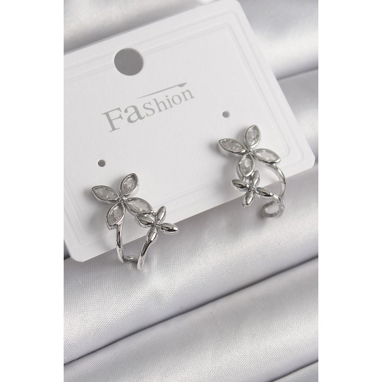 Pirinç Gümüş Renk Zirkon Taşlı 2'Li Çiçek Model Kadın Küpe - TJ-BKP9962 Pirinç Gümüş Renk Zirkon Taşlı 2'Li Çiçek Model Kadın Küpe - TJ-BKP9962