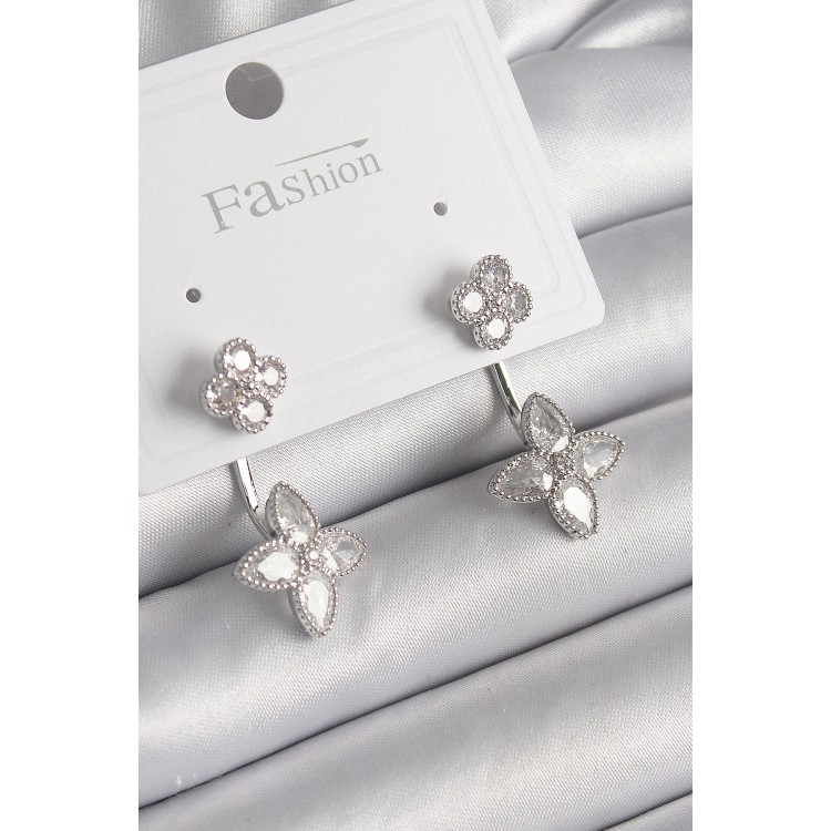 Pirinç Gümüş Renk Zirkon Taşlı Yonca Model Kadın Küpe - TJ-BKP9968 Pirinç Gümüş Renk Zirkon Taşlı Yonca Model Kadın Küpe - TJ-BKP9968