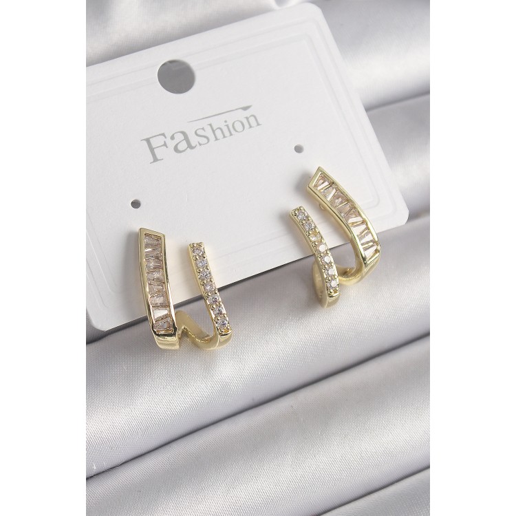 Pirinç Gold Renk Zirkon Taşlı Kadın Küpe - TJ-BKP9969
