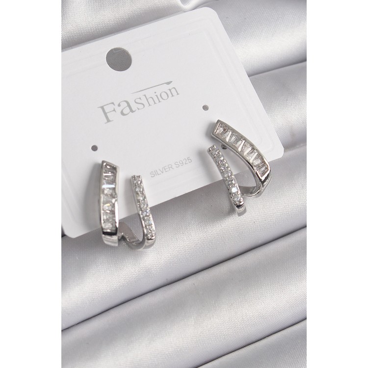 Pirinç Gümüş Renk Zirkon Taşlı Kadın Küpe - TJ-BKP9970