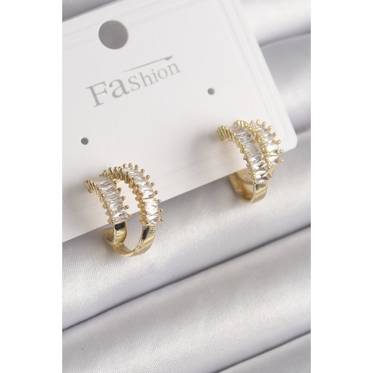 Pirinç Gold Renk 2'Li Zirkon Taşlı Halka Model Kadın Küpe - TJ-BKP9975