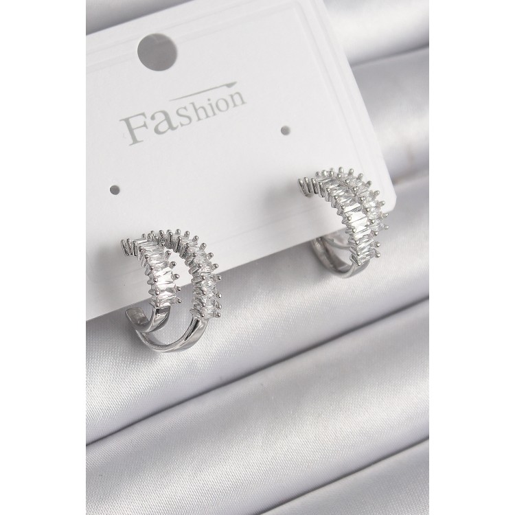 Pirinç Gümüş Renk 2'Li Zirkon Taşlı Halka Model Kadın Küpe - TJ-BKP9976 Pirinç Gümüş Renk 2'Li Zirkon Taşlı Halka Model Kadın Küpe - TJ-BKP9976