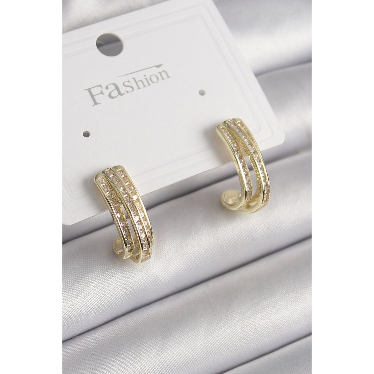 Pirinç Gold Renk Zirkon Taşlı Yarım Halka Model Kadın Küpe - TJ-BKP9977