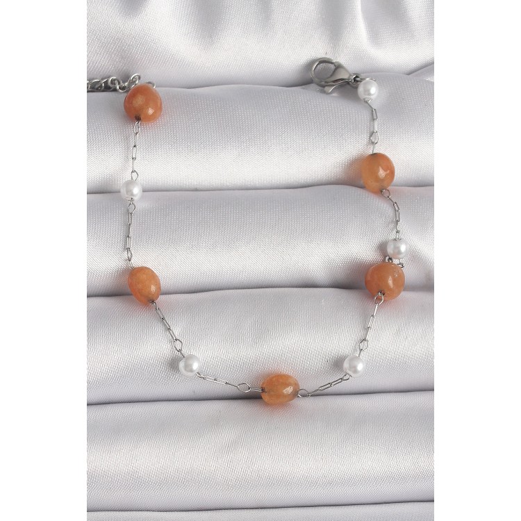 316L Çelik Gümüş Renk Turuncu Doğaltaş Model İnci Detay Kadın Bileklik - TJ-BB6602 316L Çelik Gümüş Renk Turuncu Doğaltaş Model İnci Detay Kadın Bileklik - TJ-BB6602