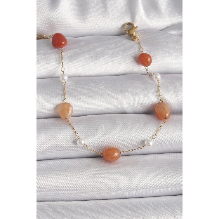 316L Çelik Gold Renk Zincir Turuncu Doğaltaş Model İnci Detay Kadın Bileklik - TJ-BB6603 316L Çelik Gold Renk Zincir Turuncu Doğaltaş Model İnci Detay Kadın Bileklik - TJ-BB6603