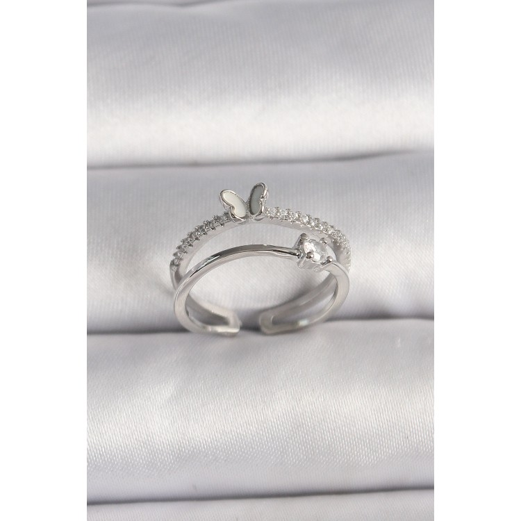 Pirinç Gümüş Renk Zirkon Taşlı Kelebek Figürlü Ayarlanabilir Yüzük - TJ-BYK3528