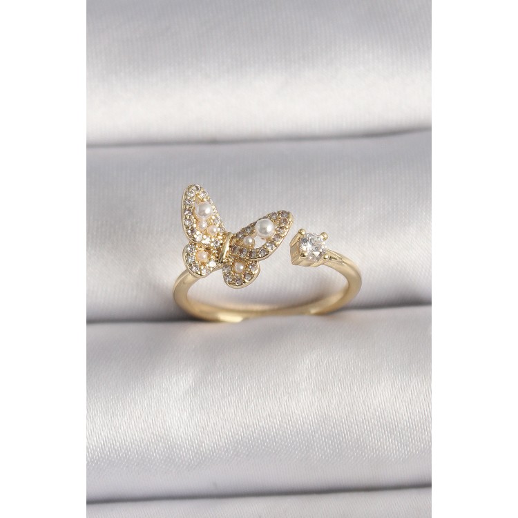 Pirinç Gold Renk Zirkon Taşlı Kelebek Model İnci Detay Ayarlanabilir Yüzük - TJ-BYK3533