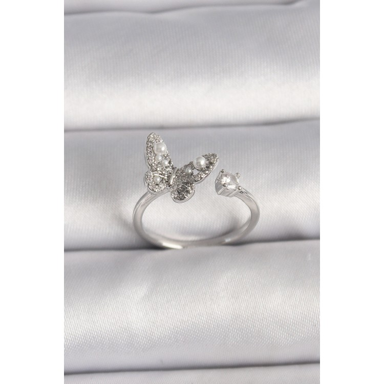 Pirinç Gümüş Renk Zirkon Taşlı Kelebek Model İnci Detay Ayarlanabilir Yüzük - TJ-BYK3534