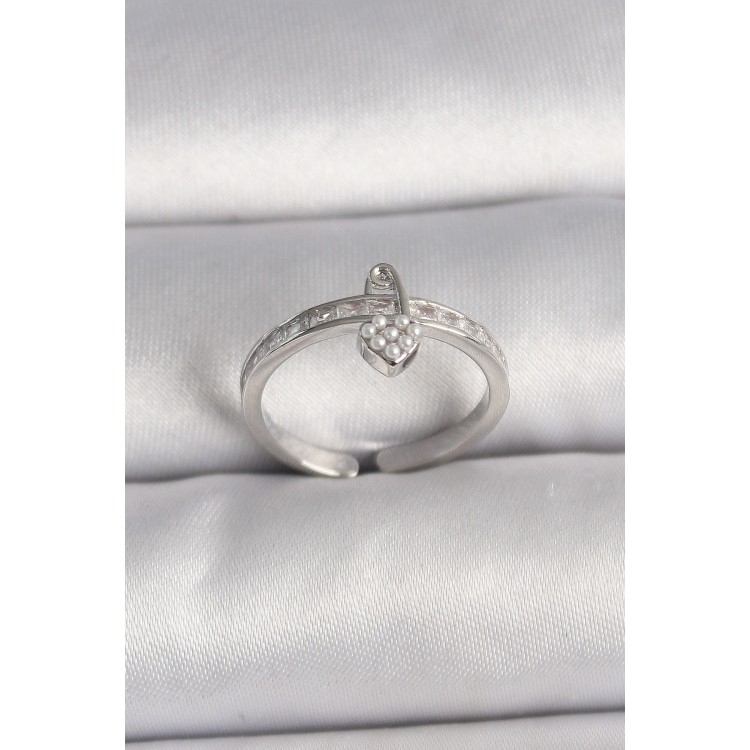 Pirinç Gümüş Renk Zirkon Taşlı İnci Detaylı Kilit Kalp Model Ayarlanabilir Yüzük - TJ-BYK3538