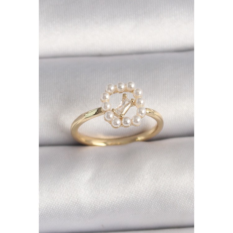 Pirinç Gold Renk Zirkon Taş Detaylı İncili Ayarlanabilir Yüzük - TJ-BYK3541 Pirinç Gold Renk Zirkon Taş Detaylı İncili Ayarlanabilir Yüzük - TJ-BYK3541