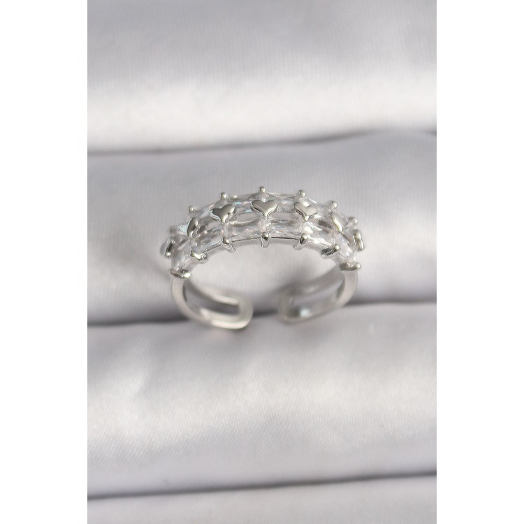 Pirinç Gümüş Renk Zirkon Taşlı Ayarlanabilir Yüzük - TJ-BYK3544 Pirinç Gümüş Renk Zirkon Taşlı Ayarlanabilir Yüzük - TJ-BYK3544