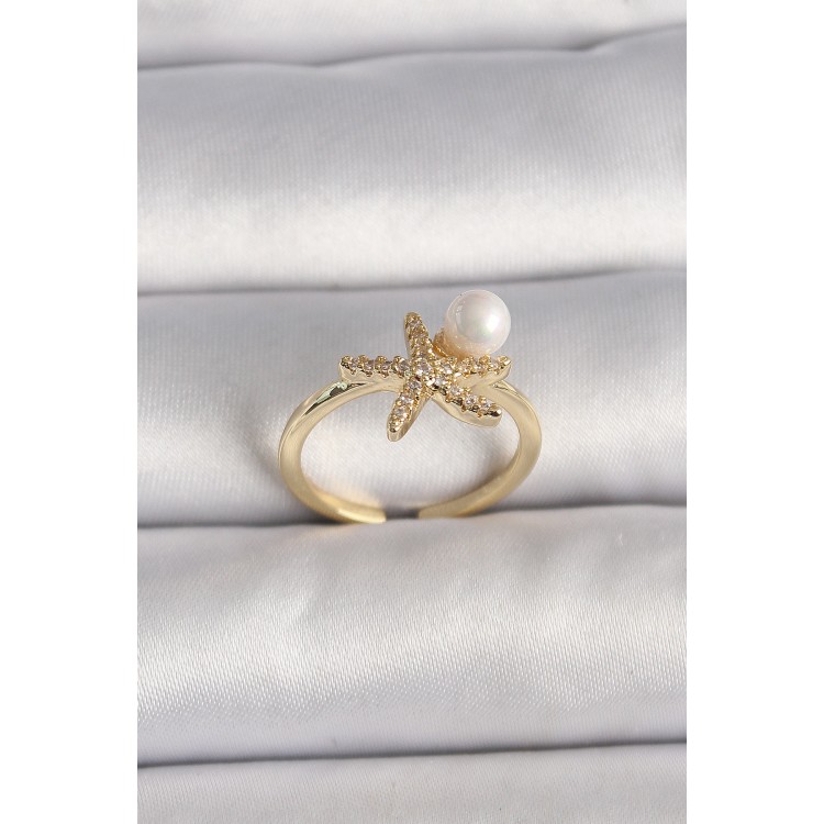 Brass Gold Color Zircon Stone Starfish Model Pearl Detail Adjustable Ring - TJ-BYK3549 Brass Gold Color Zircon Stone Starfish Model Pearl Detail Adjustable Ring - TJ-BYK3549