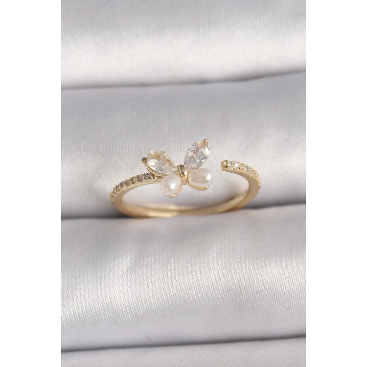Pirinç Gold Renk Zirkon Taşlı Kelebek Mode İnci Detay Ayarlanabilir Yüzük - TJ-BYK3557
