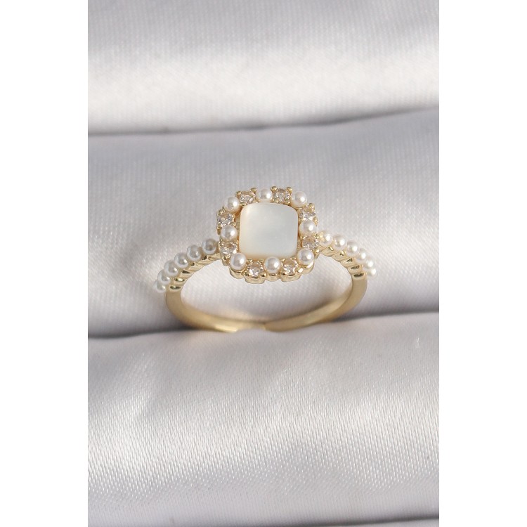Brass Gold Color Pearl Square White Enamel Adjustable Women's Ring - TJ-BYK3567