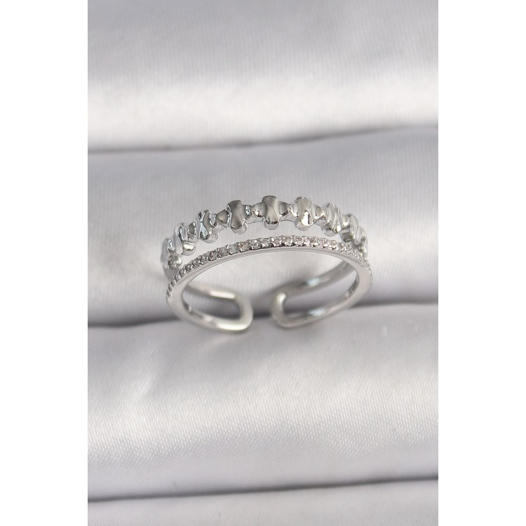 Brass Silver Color Zircon Stone Detailed Adjustable Women's Ring - TJ-BYK3572