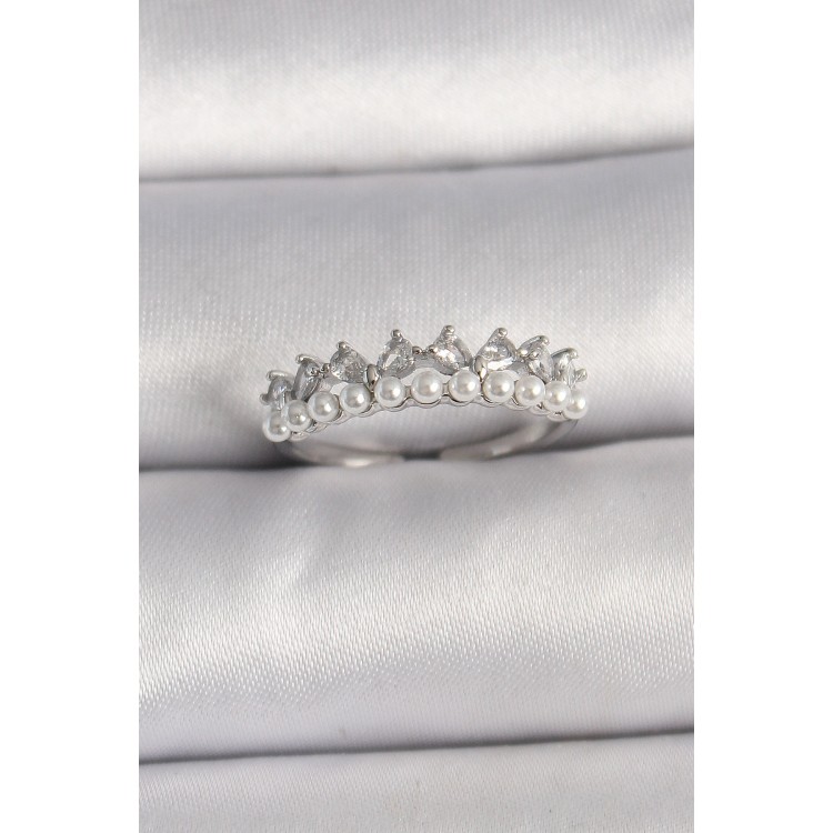 Brass Silver Color Zircon Stone Pearl Crown Model Adjustable Women's Ring - TJ-BYK3575