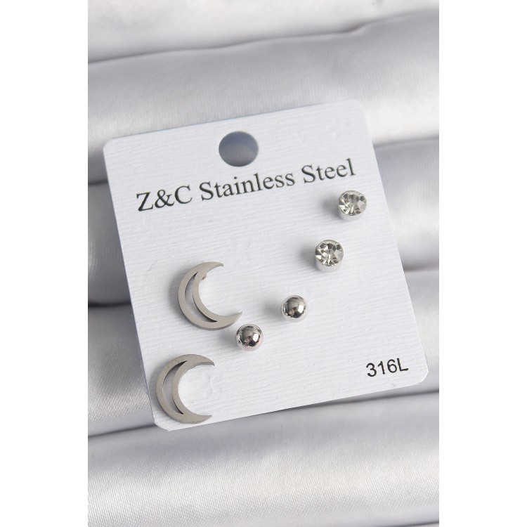 316L Çelik Gümüş Renk Zirkon Taşlı Hilal Model Kadın Küpe Seti - TJ-BKP10010 316L Çelik Gümüş Renk Zirkon Taşlı Hilal Model Kadın Küpe Seti - TJ-BKP10010