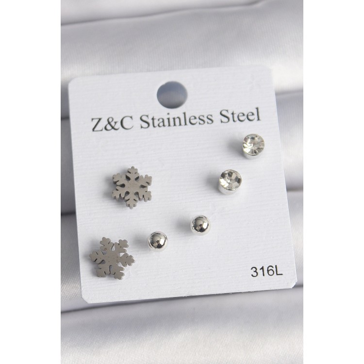 316L Çelik Gümüş Renk Zirkon Taşlı Kar Tanesi Model Kadın Küpe Seti - TJ-BKP10014 316L Çelik Gümüş Renk Zirkon Taşlı Kar Tanesi Model Kadın Küpe Seti - TJ-BKP10014