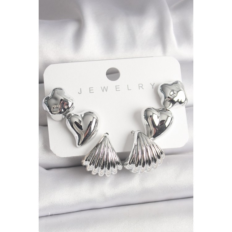 Gümüş Renk Yonca Kalp Deniz Kabuğu Figür CCB Kadın Küpe Seti - TJ-BKP10021