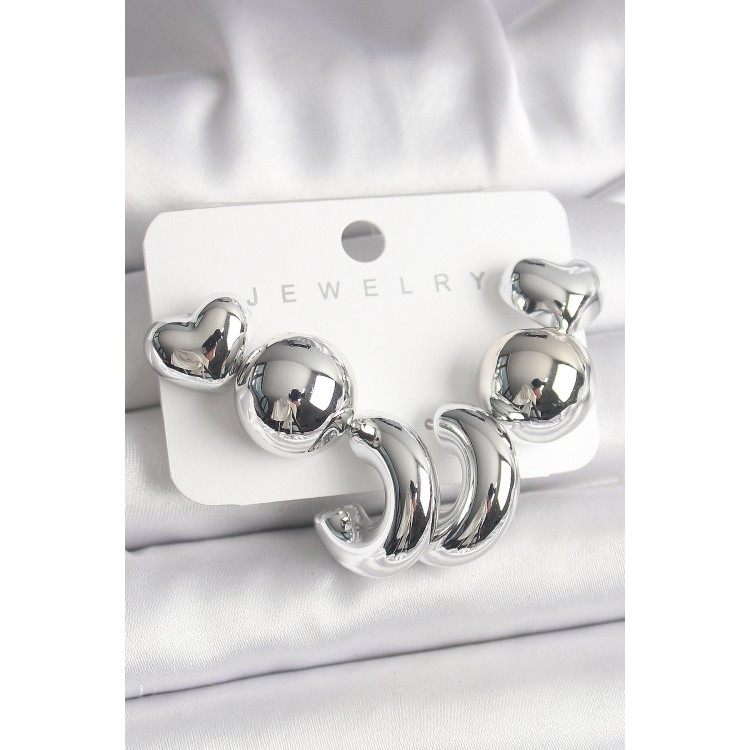 Gümüş Renk Kalp Halka Figür CCB Plastik Kadın Küpe Seti - TJ-BKP10023