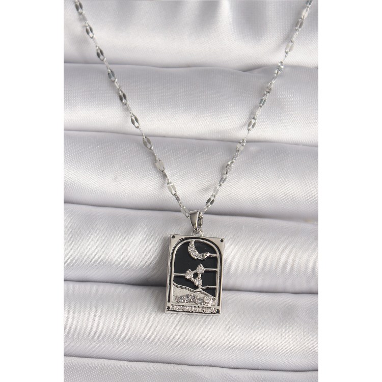 316L Çelik Gümüş Renk Zirkon Taşlı  Ay Figürlü Taror Model Kadın Kolye - TJ-BKO9685