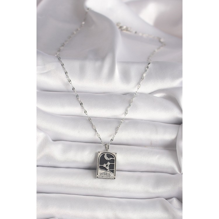 316L Çelik Gümüş Renk Zirkon Taşlı  Ay Figürlü Taror Model Kadın Kolye - TJ-BKO9685