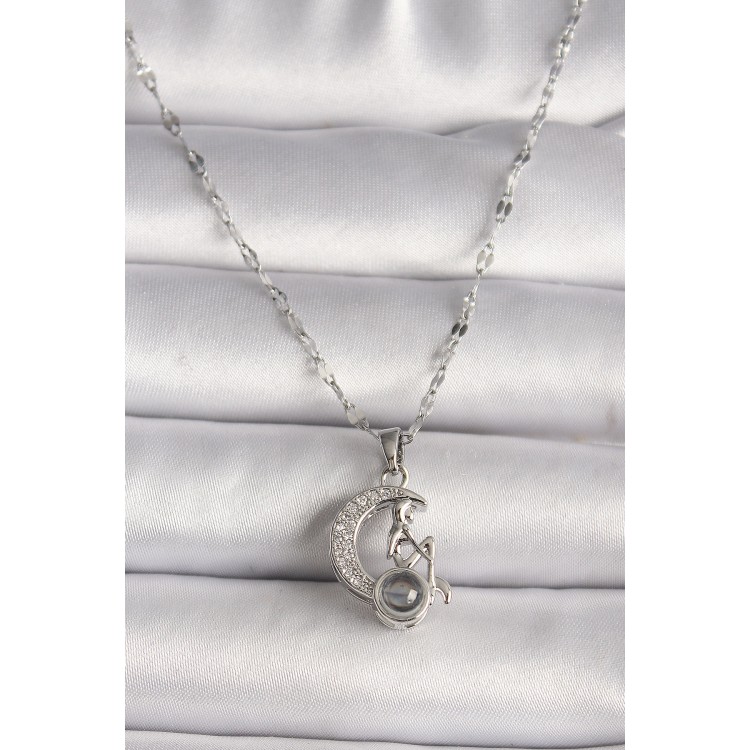 316L Steel Gold Color Zircon Stone Crescent Sitting Female Figure Projection Model Women's Necklace - TJ-BKO9687 316L Steel Gold Color Zircon Stone Crescent Sitting Female Figure Projection Model Women's Necklace - TJ-BKO9687