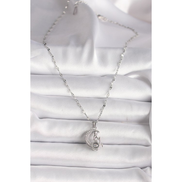 316L Steel Gold Color Zircon Stone Crescent Sitting Female Figure Projection Model Women's Necklace - TJ-BKO9687