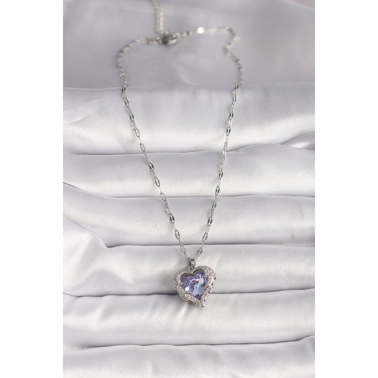 316L Steel Silver Color Zircon Stone Purple Heart Model Women's Necklace - TJ-BKO9696