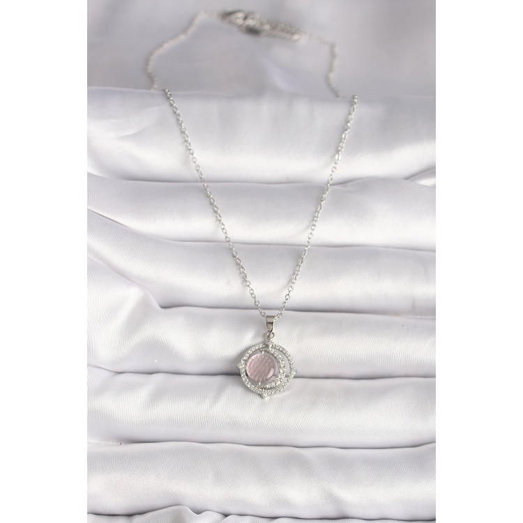 316L Çelik Gümüş Renk Zirkon Taşlı Pembe Sedefli Hilal Model Kadın Kolye - TJ-BKO9701