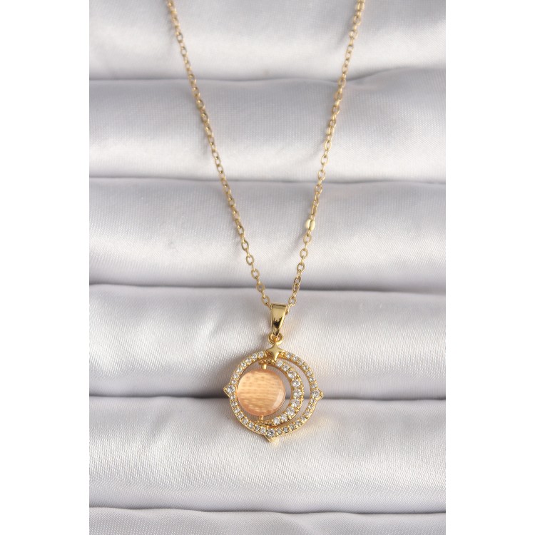 316L Çelik Gold Renk Zirkon Taşlı Turuncu Sedefli Hilal Model Kadın Kolye - TJ-BKO9704 316L Çelik Gold Renk Zirkon Taşlı Turuncu Sedefli Hilal Model Kadın Kolye - TJ-BKO9704