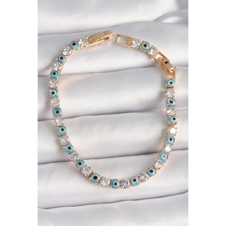 Brass Gold Color Waterway Zircon Stone Evil Eye Beaded Women's Bracelet - TJ-BB6648