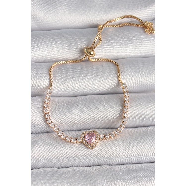 Brass Gold Color Waterway Zircon Stone Pink Zircon Stone Heart Elevator Model Charm Women's Bracelet - TJ-BB6650