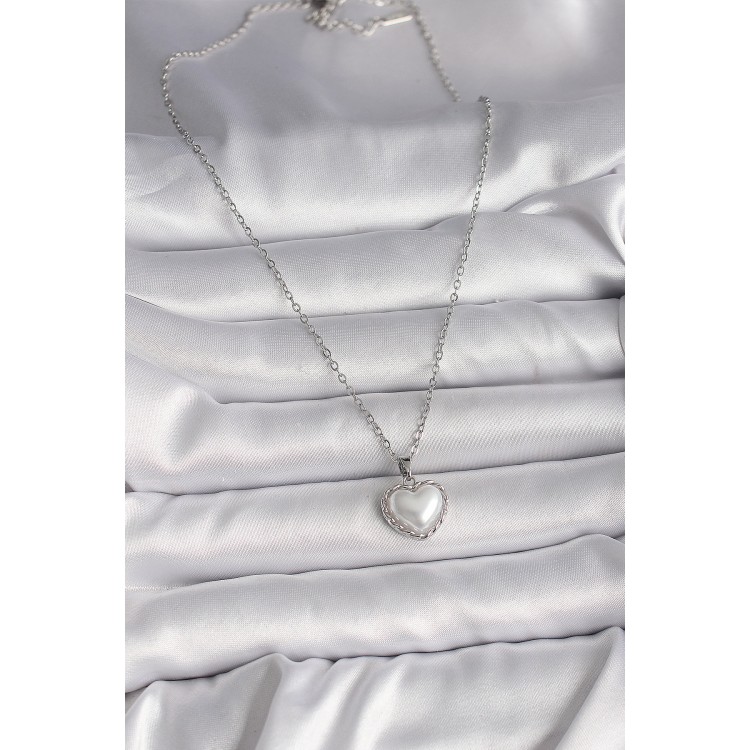 316L Çelik Gümüş Renk Zincir 3D İnci Kalp Model Kadın Kolye - TJ-BKO9712