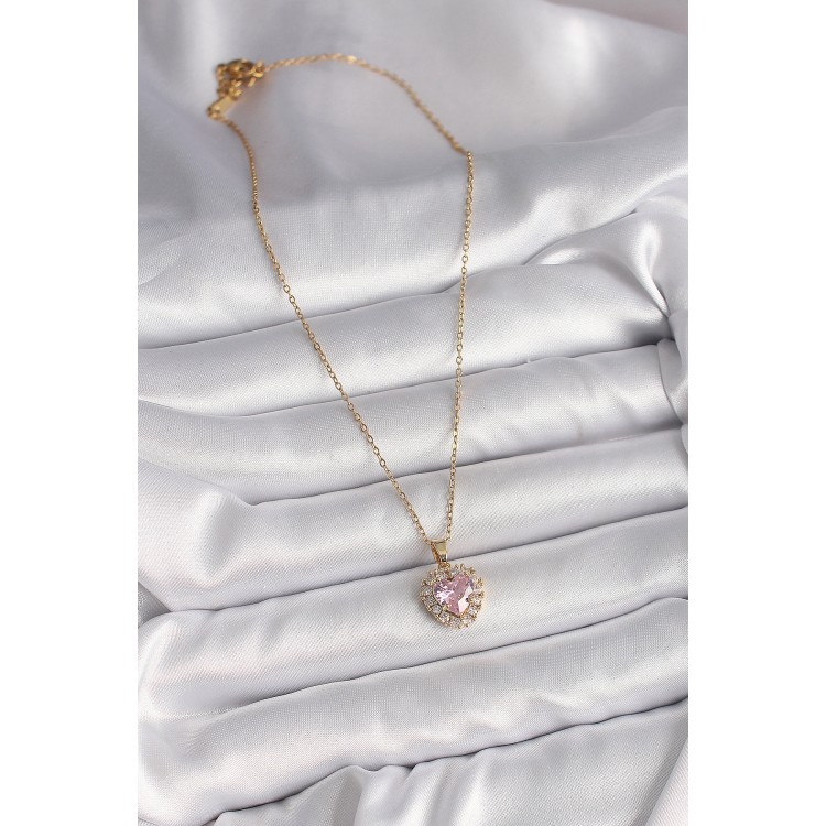316L Steel Gold Color Chain Pink Zircon Stone Heart Model Women's Necklace - TJ-BKO9718