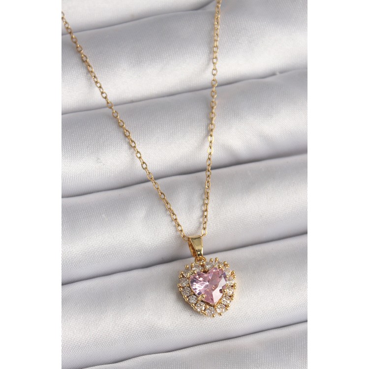 316L Steel Gold Color Chain Pink Zircon Stone Heart Model Women's Necklace - TJ-BKO9718 316L Steel Gold Color Chain Pink Zircon Stone Heart Model Women's Necklace - TJ-BKO9718