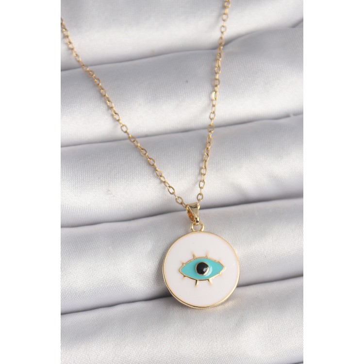 316L Çelik Gold Renk Zincir Beyaz Mineli Turkuaz Göz İşleme Model Kadın Kolye - TJ-BKO9730