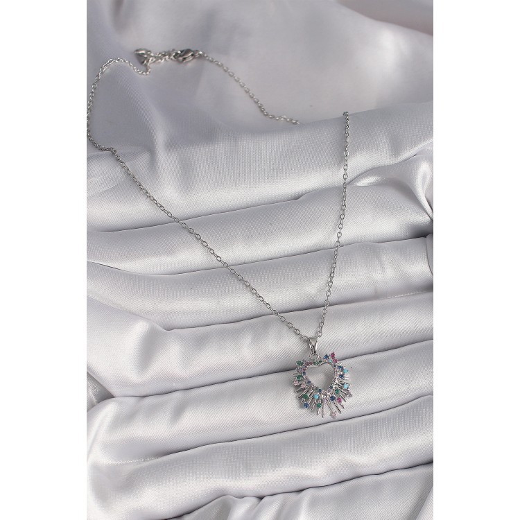 316L Steel Silver Color Chain Colorful Zircon Stone Heart Model Women's Necklace - TJ-BKO9752
