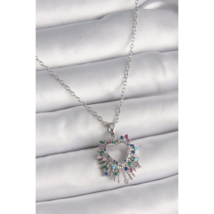 316L Steel Silver Color Chain Colorful Zircon Stone Heart Model Women's Necklace - TJ-BKO9752 316L Steel Silver Color Chain Colorful Zircon Stone Heart Model Women's Necklace - TJ-BKO9752