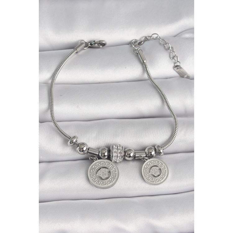 316L Steel Silver Color Tube Chain Medallion Model Zircon Stone Detailed Women's Bracelet - TJ-BB6654 316L Steel Silver Color Tube Chain Medallion Model Zircon Stone Detailed Women's Bracelet - TJ-BB6654