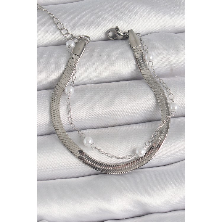 316L Steel Silver Color 2-Piece Italian Chain Pearl Detail Women's Bracelet - TJ-BB6664 316L Steel Silver Color 2-Piece Italian Chain Pearl Detail Women's Bracelet - TJ-BB6664