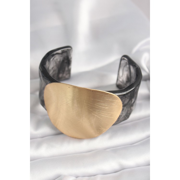 Siyah Mermer Desen Akrilik Plastik Gold Daire Plaka Model Vintage Kadın Bilezik - TJ-BB6679