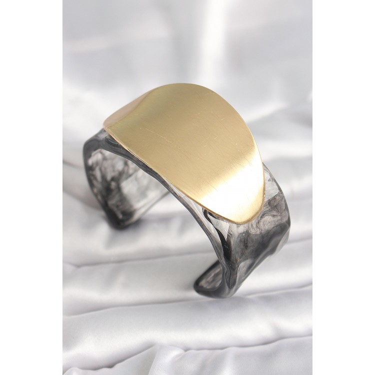 Siyah Mermer Desen Akrilik Plastik Gold Oval Plaka Model Vintage Kadın Bilezik - TJ-BB6683