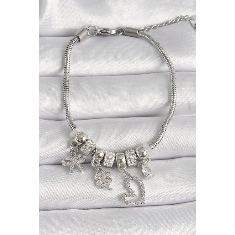 316L Steel Silver Color Chain Pendant Zircon Stone Heart Figure Clover Detail Women's Bracelet - TJ-BB6691 316L Steel Silver Color Chain Pendant Zircon Stone Heart Figure Clover Detail Women's Bracelet - TJ-BB6691