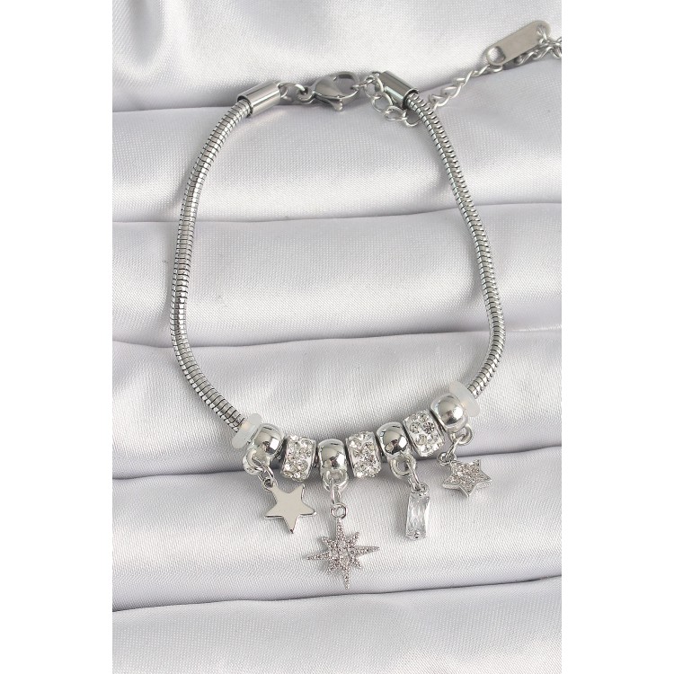316L Steel Silver Color Chain Pendant Zircon Stone Star Model Women's Bracelet - TJ-BB6693 316L Steel Silver Color Chain Pendant Zircon Stone Star Model Women's Bracelet - TJ-BB6693