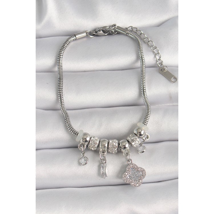 316L Steel Silver Color Chain Pendant Zircon Stone Clover Figure Women's Bracelet - TJ-BB6701 316L Steel Silver Color Chain Pendant Zircon Stone Clover Figure Women's Bracelet - TJ-BB6701