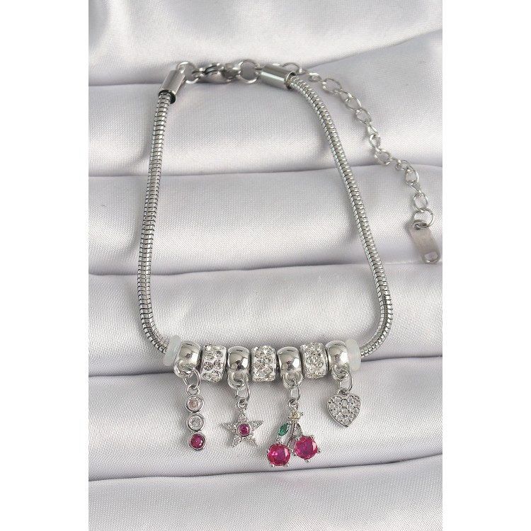 316L Steel Silver Color Chain Pendant Zircon Stone Cherry Figure Heart Detail Women's Bracelet - TJ-BB6707 316L Steel Silver Color Chain Pendant Zircon Stone Cherry Figure Heart Detail Women's Bracelet - TJ-BB6707